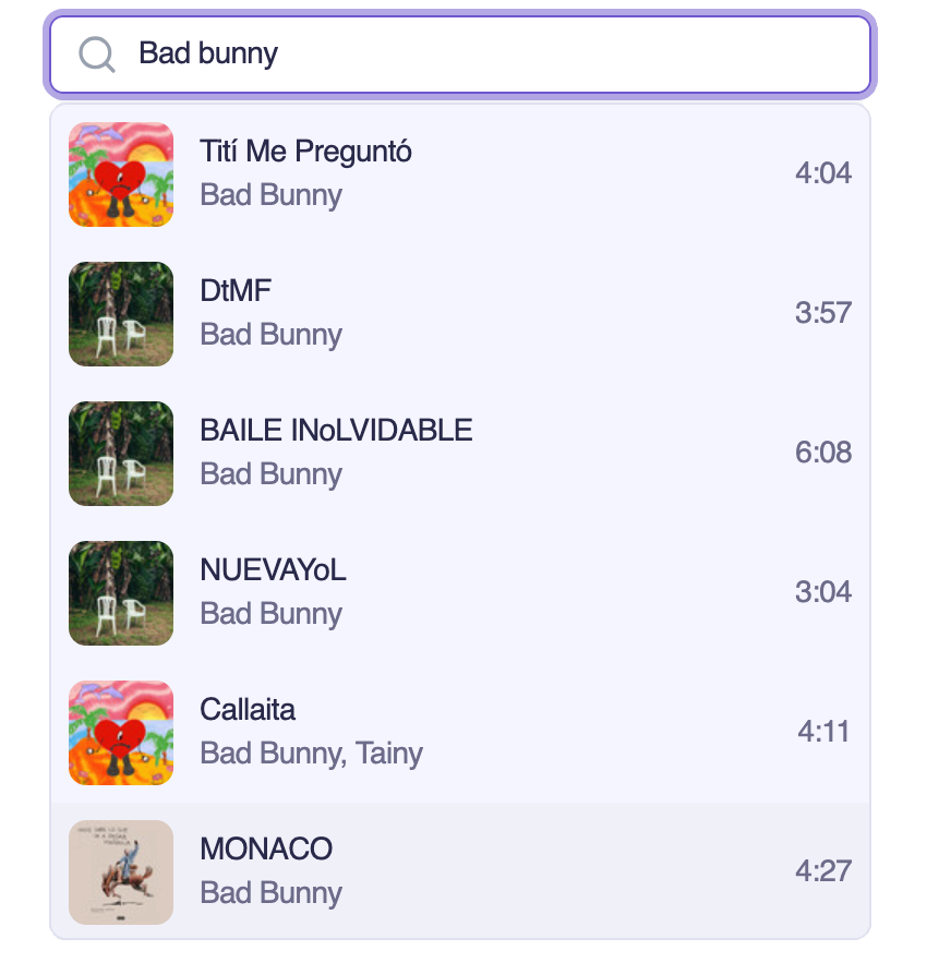 Spotify search results.
